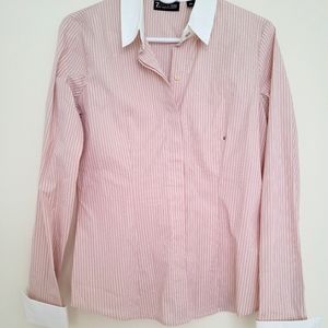7th Avenue Pink White and Gold Pinstripe Button up collared shirt S NWT
